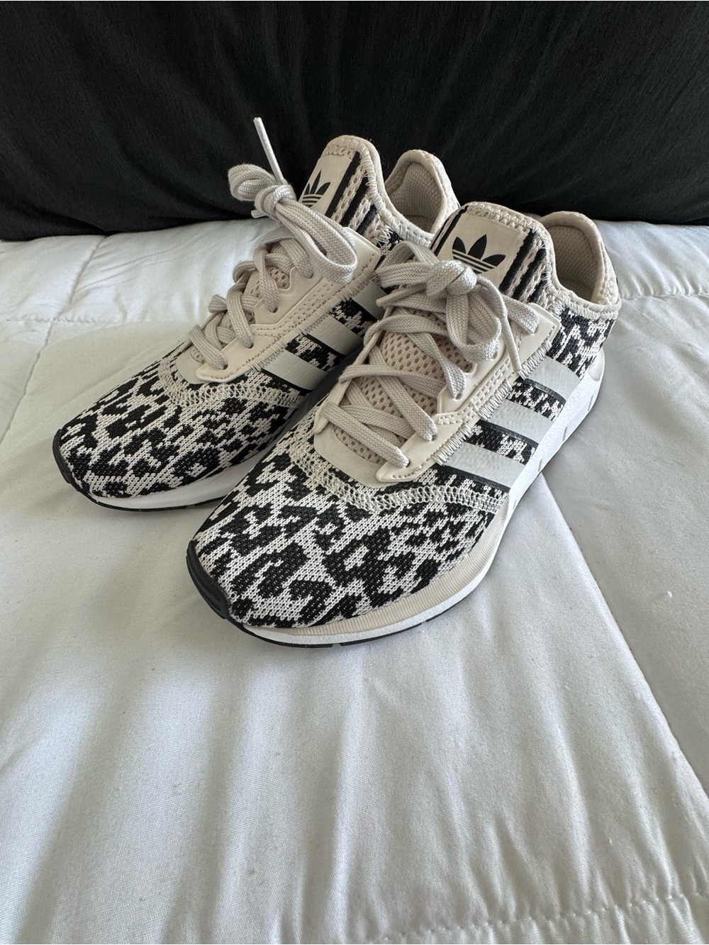 adidas Swift  Black and Cream Animal Patterned Knit Sneakers